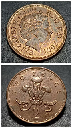 Escoines 3996368af4952dc3b3 2001 İngiliz sterlini two pence 2 peni Bakır kaplamalı çelik ççt+ para