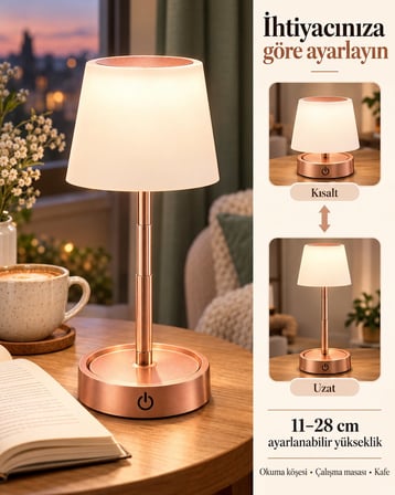 Luna Rose Gold Teleskobik Şarjlı LED Masa Lambası | Ayarlanabilir Boy 11–28 cm