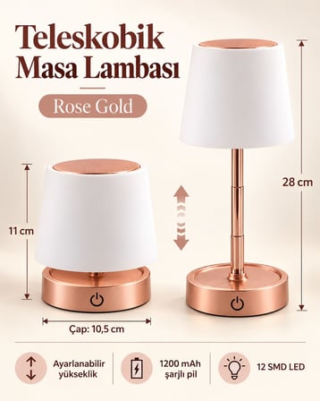 Luna Rose Gold Teleskobik Şarjlı LED Masa Lambası | Ayarlanabilir Boy 11–28 cm
