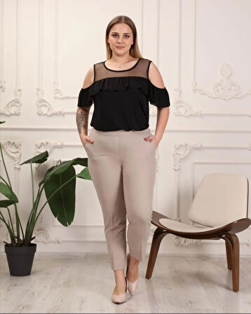 Krep Kumaş Taş Büyük Beden Arka Lastikli  Pantolon