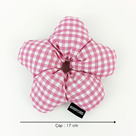 WoodyCord El Yapımı Pembe Beyaz Pötikareli Çiçek Scrunchie Topuz Tokası