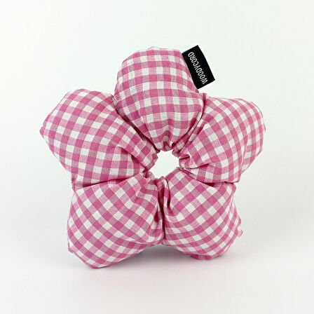 WoodyCord El Yapımı Pembe Beyaz Pötikareli Çiçek Scrunchie Topuz Tokası