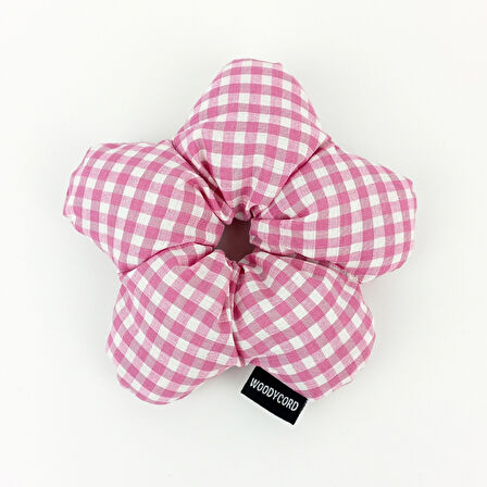 WoodyCord El Yapımı Pembe Beyaz Pötikareli Çiçek Scrunchie Topuz Tokası