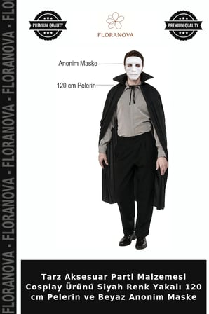 Tarz Aksesuar Parti Malzemesi Cosplay Ürünü Siyah Renk Yakalı 120 cm Pelerin ve Beyaz Anonim Maske