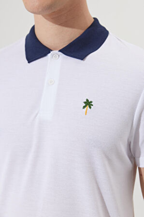 Erkek Beyaz Slim Fit Dar Kesim Dar Polo Yaka Pamuklu Kısa Kollu Tişört