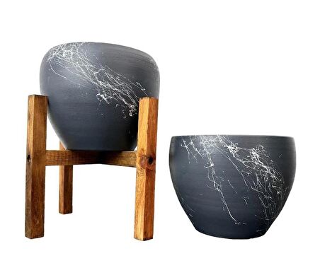 Ev Dekorasyon Gri Üzeri Beyaz Mermer Efektli Toprak Saksı Saksılık Salon Çiçeklik İkili Set Ayaksız - 4 Ayaklı- 15 Cm