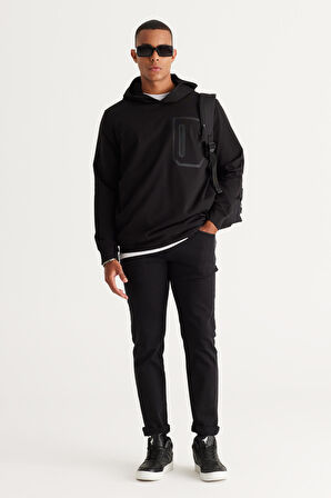 Erkek Siyah Standart Fit Normal Kesim Kapüşonlu Pamuklu Sweatshirt