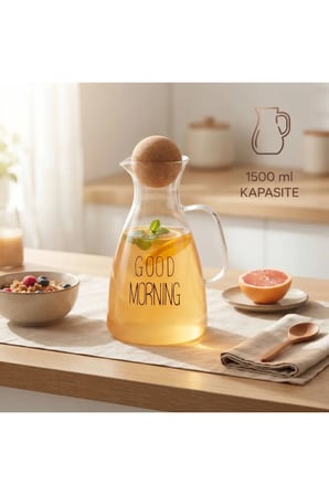 4 Adet Cam Sürahi – 1500 ML Mantar Kapaklı, Şeffaf Good Morning Tasarımlı Ergonomik Kulplu Pitcher Jug Carafe