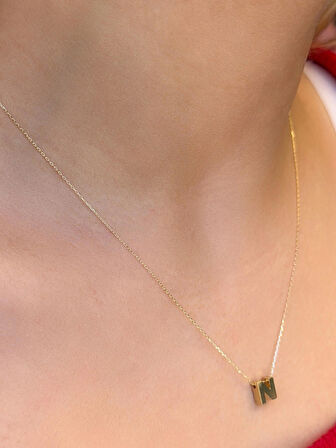 14 Ayar Altın 3 Boyutlu N Harfli Kolye