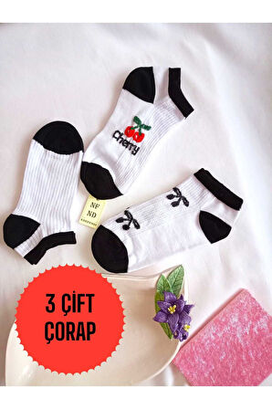 3 ÇİFT BURUN DİKİŞSİZ ÇORAP PATİK PAMUKLU KISA KONÇ DESENLİ KADIN ÇORABI 36-40 SİYAH BEYAZ