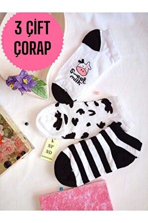 3 ÇİFT DİKİŞSİZ PATİK ÇORAP PAMUKLU KISA KONÇ DESENLİ KADIN ÇORABI 36-40 BEYAZ SİYAH