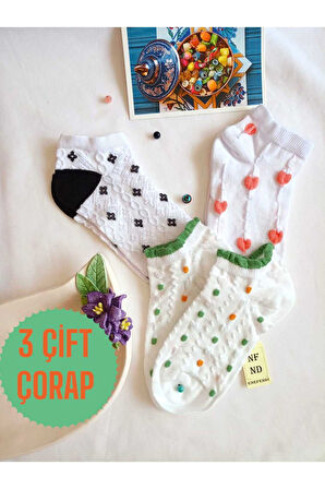 3 ÇİFT PATİK ÇORAP DİKİŞSİZ KADIN PAMUKLU KISA KONÇ 3D DESENLİ KABARTMALI ÇORABI 36-40