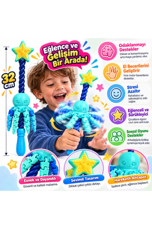 Dönen Ahtapot Çocuk Oyuncağı – Sürpriz Renkli Eğlenceli El Oyuncağı, 32 cm