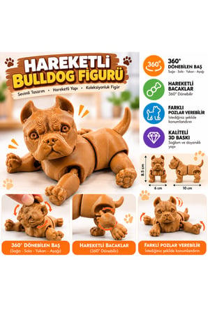 Hareketli 3D Bulldog Köpek Figürü – 360° Dönen Baş ve Bacaklar, Poz Verilebilir Dekoratif Oyuncak Figürü