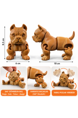Hareketli 3D Bulldog Köpek Figürü – 360° Dönen Baş ve Bacaklar, Poz Verilebilir Dekoratif Oyuncak Figürü