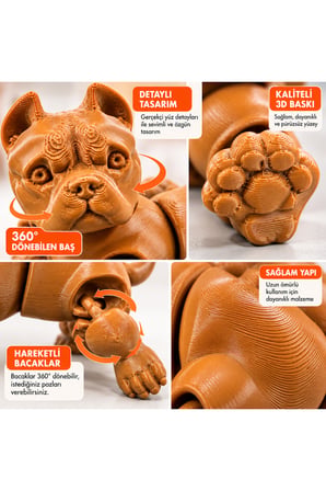 Hareketli 3D Bulldog Köpek Figürü – 360° Dönen Baş ve Bacaklar, Poz Verilebilir Dekoratif Oyuncak Figürü