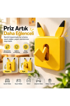 Pikachu Tasarımlı Dekoratif Priz Anahtarı Kapağı – Şimşek Figürlü, Hareketli, 3D Baskı, Çocuk ve Oyun Odası Dekorasyonu