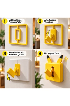 Pikachu Tasarımlı Dekoratif Priz Anahtarı Kapağı – Şimşek Figürlü, Hareketli, 3D Baskı, Çocuk ve Oyun Odası Dekorasyonu