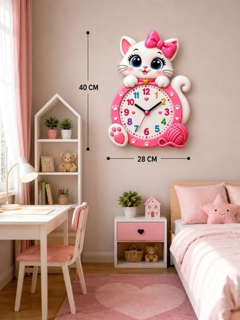Sevimli Kedili Çocuk Odası Okul Kreş Duvar Saati – 5 mm MDF Ahşap Lazer Kesim Renkli Dekoratif Saat