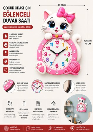 Sevimli Kedili Çocuk Odası Okul Kreş Duvar Saati – 5 mm MDF Ahşap Lazer Kesim Renkli Dekoratif Saat