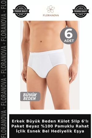 Erkek Büyük Beden Külot Slip 6'lı Paket Beyaz %100 Pamuklu Rahat İçlik Esnek Bel Hediyelik Eşya