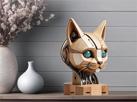 3D Ayaklı Ahşap Robot Kedi Fotoğraf Baskı