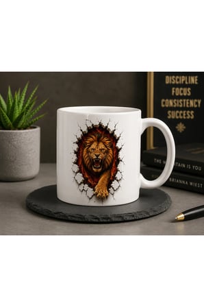 Duvarlarını Yık Serisi | 3D Efektli Aslan | Çift Taraflı Baskılı Seramik Kupa | 300 ml Premium Kahve Kupası