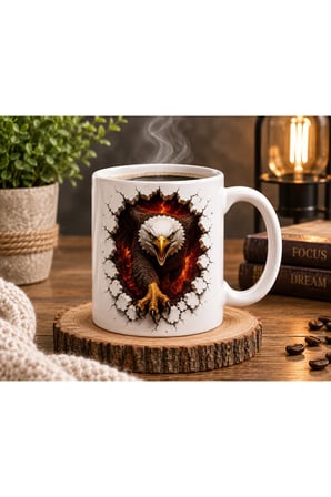 Duvarlarını Yık Serisi | 3D Efektli Kartal | Çift Taraflı Baskılı Seramik Kupa | 300 ml Premium Kahve Kupası