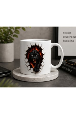 Duvarlarını Yık Serisi | 3D Efektli Kara Panter | Çift Taraflı Baskılı Seramik Kupa | 300 ml Premium Kahve Kupası