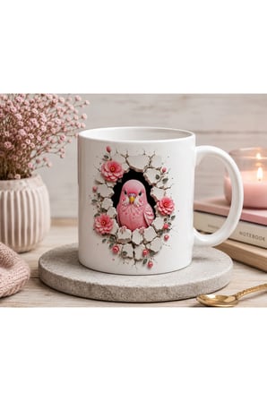 Duvarlarını Yık Serisi | 3D Efektli Pembe Muhabbet Kuşu | Çift Taraflı Baskılı Seramik Kupa | 300 ml Premium Kahve Kupası