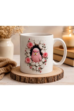 Duvarlarını Yık Serisi | 3D Efektli Pembe Muhabbet Kuşu | Çift Taraflı Baskılı Seramik Kupa | 300 ml Premium Kahve Kupası