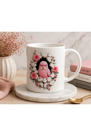 Duvarlarını Yık Serisi | 3D Efektli Pembe Muhabbet Kuşu | Çift Taraflı Baskılı Seramik Kupa | 300 ml Premium Kahve Kupası