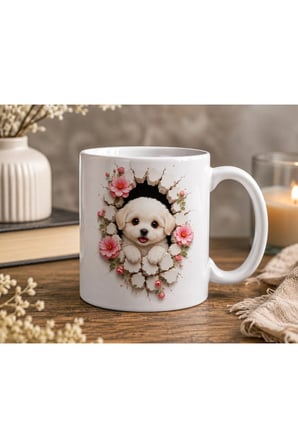 Duvarlarını Yık Serisi | 3D Efektli Sevimli Köpek Yavrusu | Çift Taraflı Baskılı Seramik Kupa | 300 ml Premium Kahve Kupası