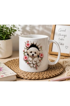 Duvarlarını Yık Serisi | 3D Efektli Sevimli Köpek Yavrusu | Çift Taraflı Baskılı Seramik Kupa | 300 ml Premium Kahve Kupası