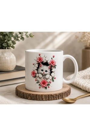 Duvarlarını Yık Serisi | 3D Efektli Sevimli Kedi | Çift Taraflı Baskılı Seramik Kupa | 300 ml Premium Kahve Kupası