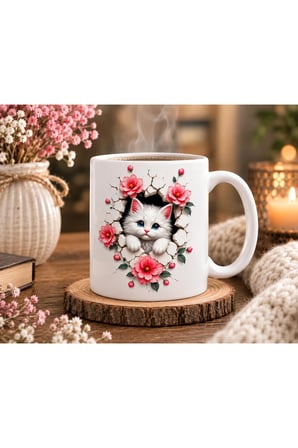 Duvarlarını Yık Serisi | 3D Efektli Sevimli Kedi | Çift Taraflı Baskılı Seramik Kupa | 300 ml Premium Kahve Kupası