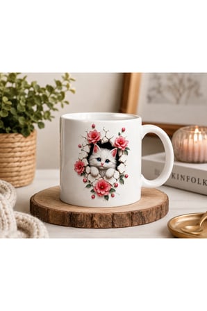 Duvarlarını Yık Serisi | 3D Efektli Sevimli Kedi | Çift Taraflı Baskılı Seramik Kupa | 300 ml Premium Kahve Kupası