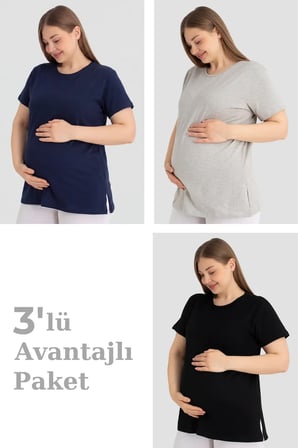 Özel Seri Gebe Giysisi Esnek Üst Pratik Giysi Pamuklu Kısa Kollu Hamile Tişört 3'lü Paket