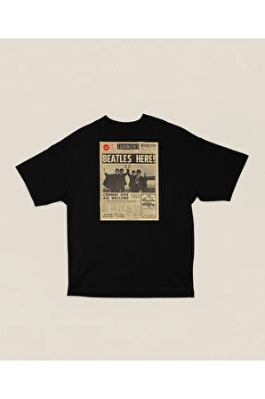 The News Beatles Here Gazete Haberi Baskılı Unisex Oversize Müzik Grubu Tişört