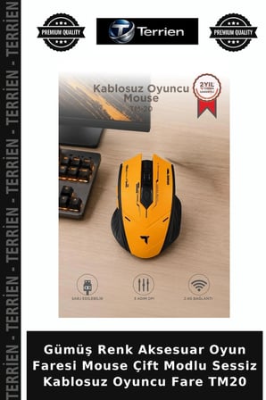 Gümüş Renk Aksesuar Oyun Faresi Mouse Çift Modlu Sessiz Kablosuz Oyuncu Fare TM20