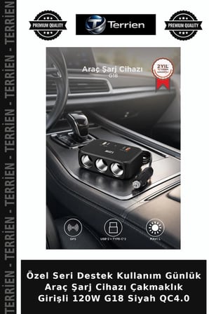 Özel Seri Destek Kullanım Günlük Araç Şarj Cihazı Çakmaklık Girişli 120W G18 Siyah QC4.0