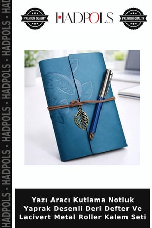 Yazı Aracı Kutlama Notluk Yaprak Desenli Deri Defter Ve Lacivert Metal Roller Kalem Seti