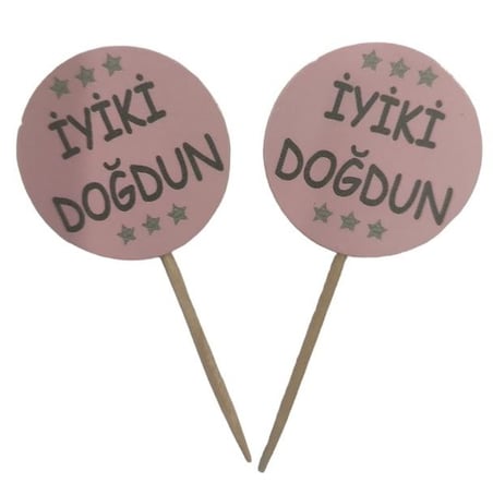 Delux Serisi Pasta Ürünü Kutlama Aksesuarı PEMBE GÜMÜŞ İYİ Kİ DOĞDUN KÜRDAN 10lu