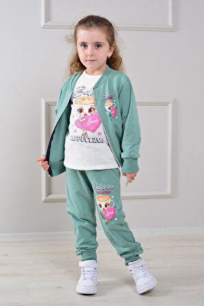 3HKT Labubu Desenli Hırkalı 2 İp Şardonlu %100 Pamuk 3 Parçalı Kız Çocuk Takım 8283