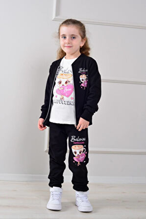 3HKT Labubu Desenli Hırkalı 2 İp Şardonlu %100 Pamuk 3 Parçalı Kız Çocuk Takım 8283