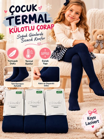 Ekinoks Havlu Termal %100 Pamuk 3 adet Lacivert Kilotlu Çocuk Çorabı 0-14 Yaş 100-L