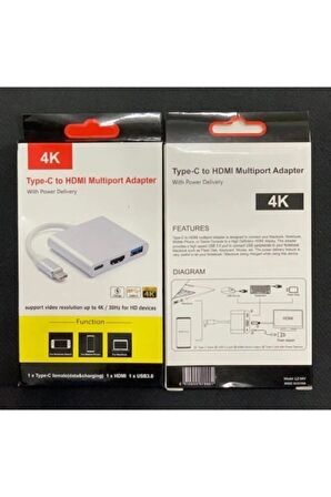3'in 1 Type-c To Hdmi 4k Usb 3.0 Dönüştürücü Adaptör Macbook, Pro 2015 2016 2017 Samsung S8 S9 S10