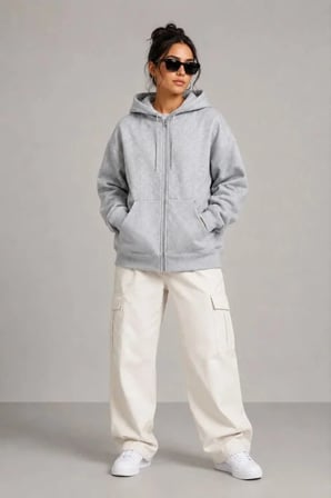 3 İplik Şardonlu Tam Fermuarlı Kapüşonlu Arka Çanta Detaylı Sweatshirt - Gri