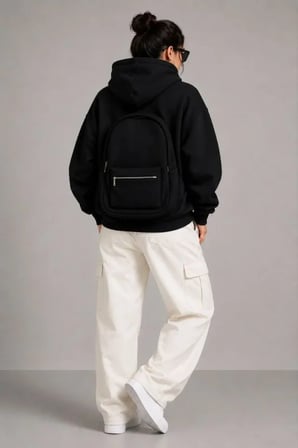 3 İplik Şardonlu Tam Fermuarlı Kapüşonlu Arka Çanta Detaylı Sweatshirt - Siyah