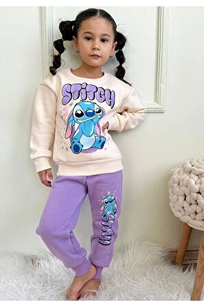 PJK3İ Stitch Desenli Lila 3 İp Şardonlu %100 Pamuk Kız Çocuk Eşofman Takımı 3-10 Yaş 7332-L
